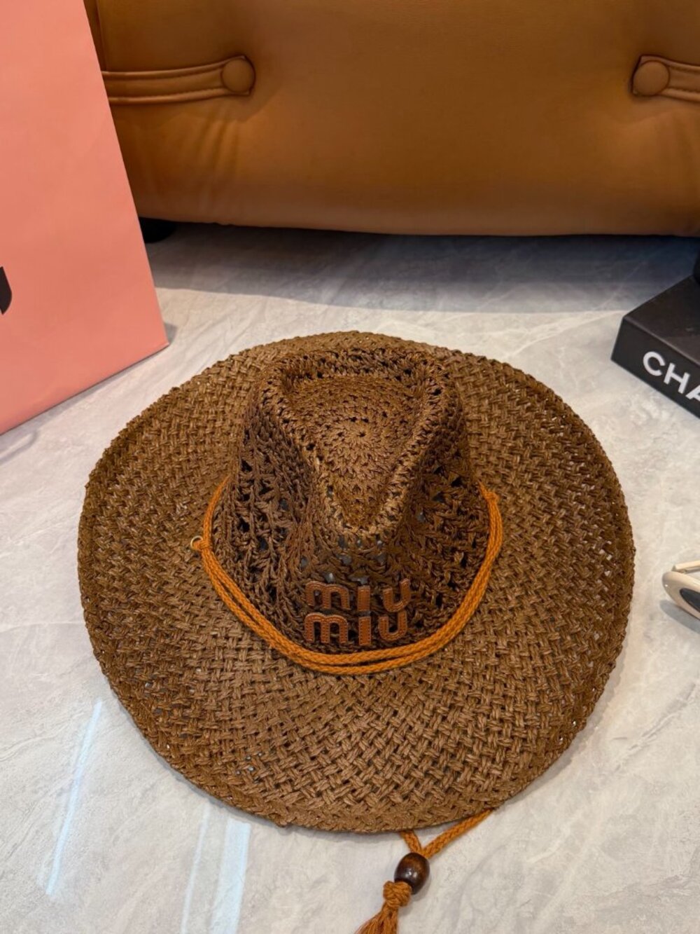 🤎Miu Miu Brown Woven Straw Cowboy Hat Tassel Chin Strap Logo Western Summer Sun - Picture 5 of 8
